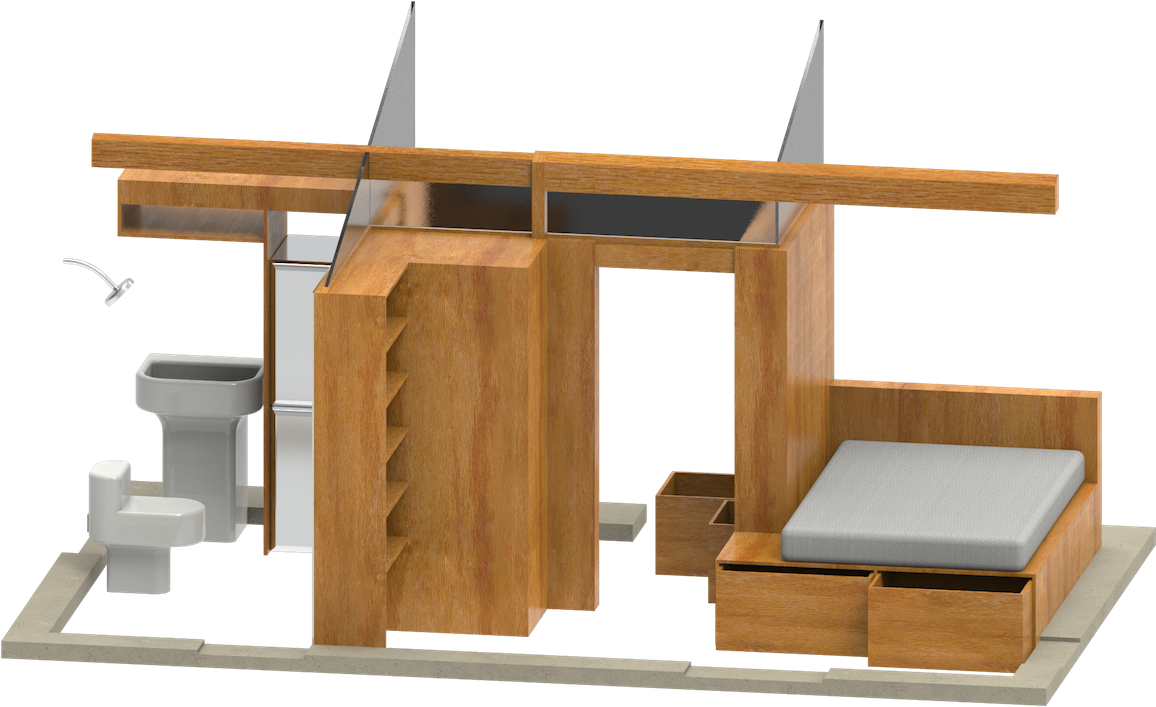 Axonometric  render of a compact interior made up of wooden cabinets