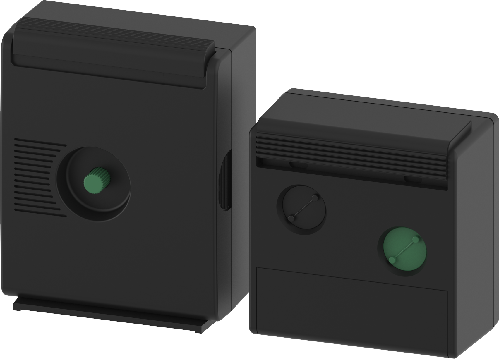 Render of two Braun alarm clocks from the back, showing the control dials and ridged alarm button surfaces