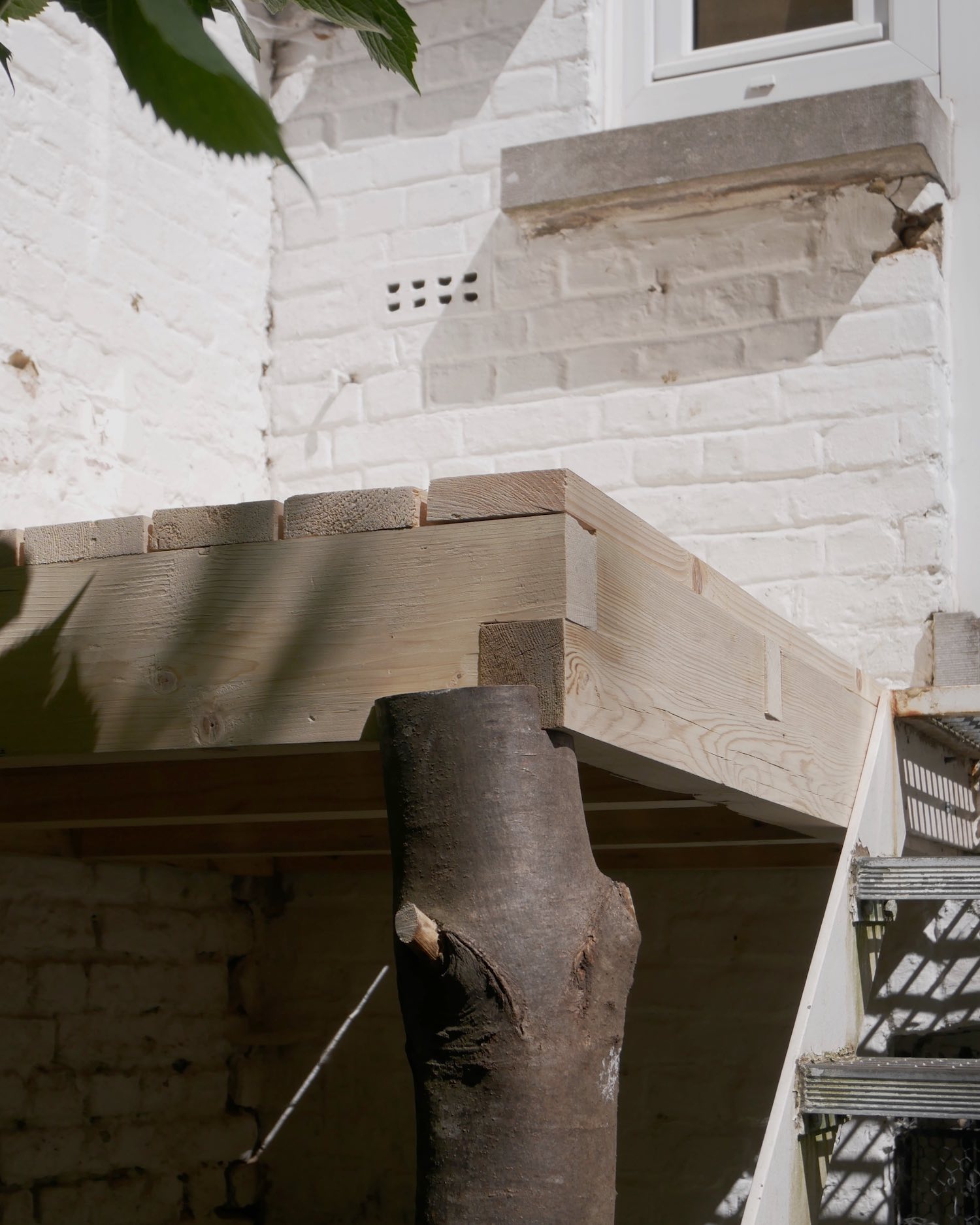 Corner of the aforementioned plaform: joined pine boards resting on a notched log