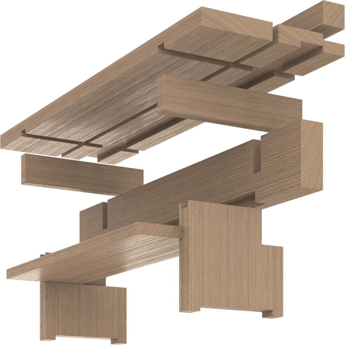 Exploded view of a bench in massive milled wood