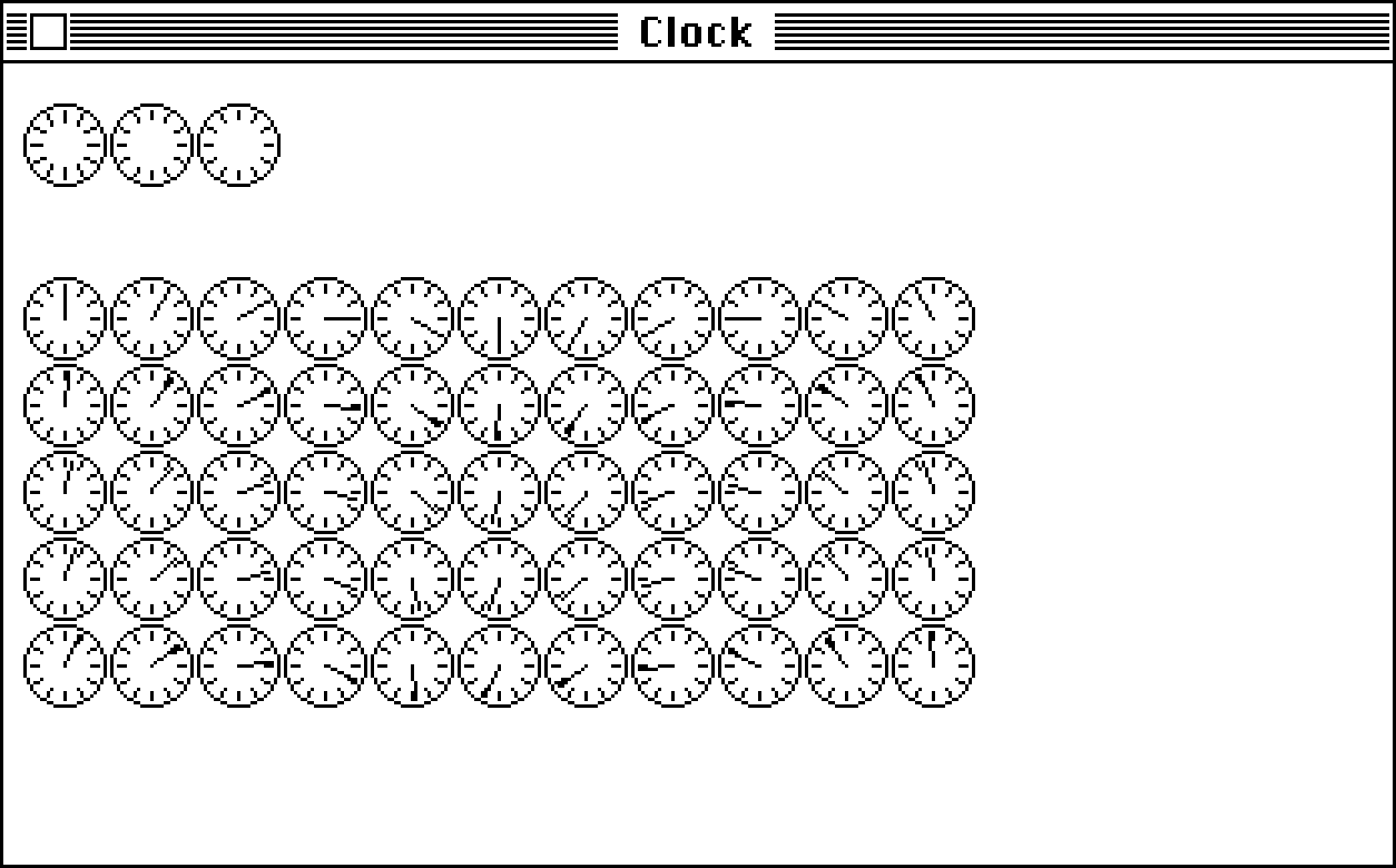 Screenshot of a black-and-white MacPaint window showing an array of clocks with the hands in all possible positions