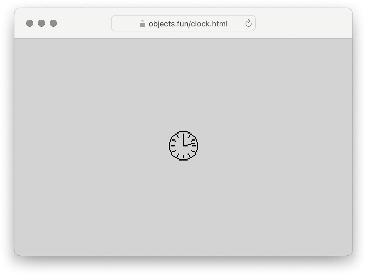 Screenshot of a browser window, light grey background with a pixelated clock in black in the centre