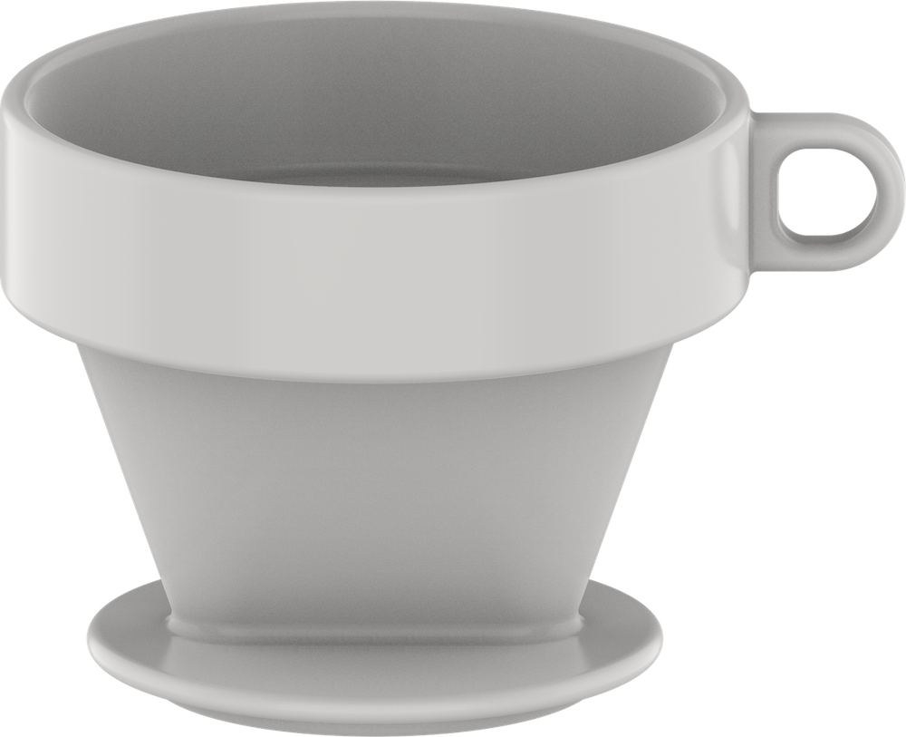 Render of a ceramic coffee filter holder in white porcelain with a small handle